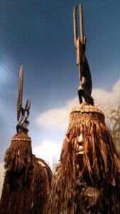 Tyi Wara Dancers are showcased in the entrance to the Imperato West African Gallery